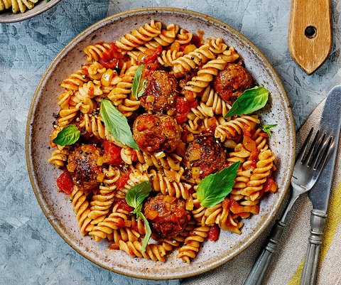 BEET BALLS W/FUSILI PASTA AND RED SAUCE