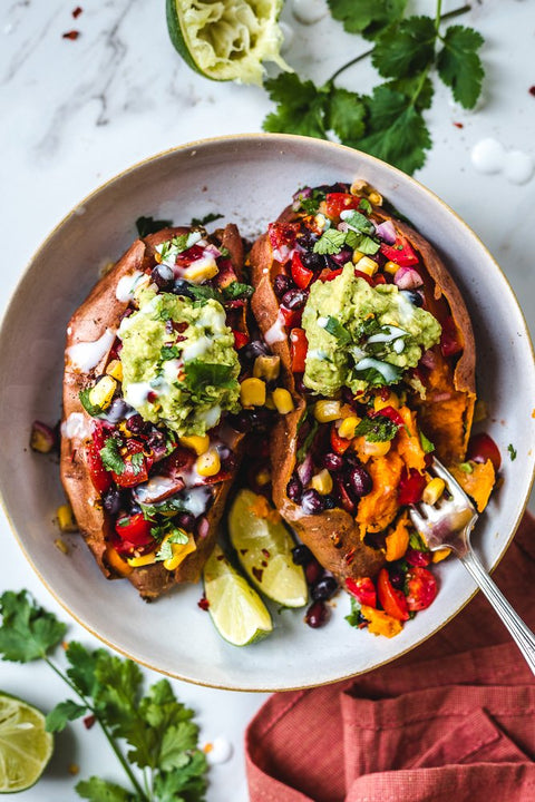 BLACK BEAN CHILI STUFFED SWEET POTATOES